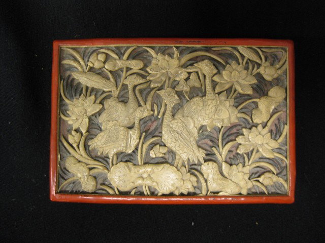 Chinese Multi-color Cinnabar Box, deep carved top: deep carved top with birds & foliage, 4" x 5 1/2", minor loss, unusual.Cinnabar is the popular name used to describe Chinese lacquerware of a striking red color known for many centuries. When first pr