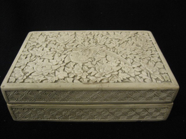 Chinese White Cinnabar Box, pheasant & floral,: 3 3/4" x 5 3/4", minor flakes.Cinnabar is the popular name used to describe Chinese lacquerware of a striking red color known for many centuries. When first produced, the distinctive color was derived