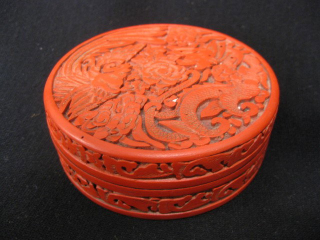 Chinese Cinnabar Box, dragon & phoenix,: dragon & phoenix, 4" diameter, excellent.Cinnabar is the popular name used to describe Chinese lacquerware of a striking red color known for many centuries. When first produced, the distinctive color