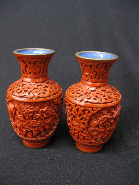 Pair of Chinese Cinnabar Vases, floral 4" tall, e: floral 4" tall, excellent.
