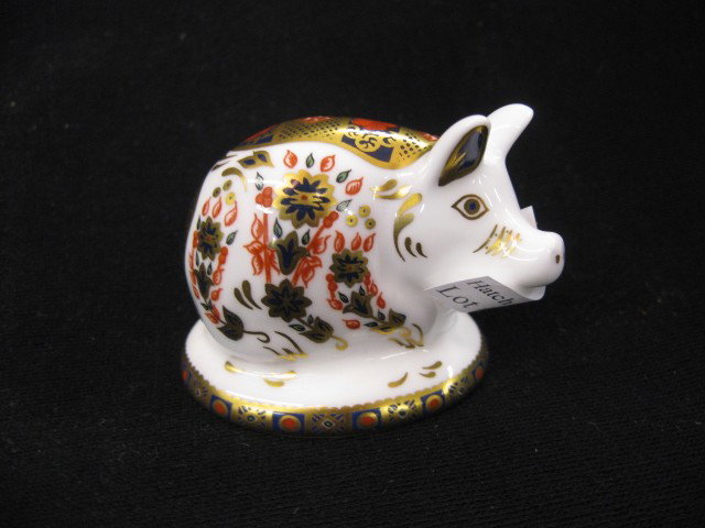 Royal Crown Derby "Imari" Pig figurine, : heavy gold trim, 2", with button, excellent.