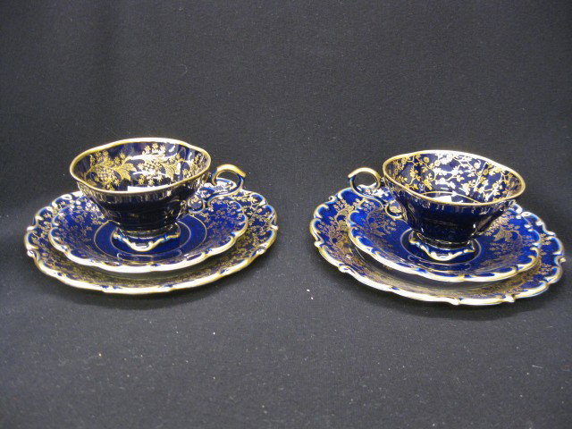 2 Lindner Bavarian Porcelain Trio Sets, cobalt & : cobalt & gold, cup, saucer & 7 1/2" plates, excellent.