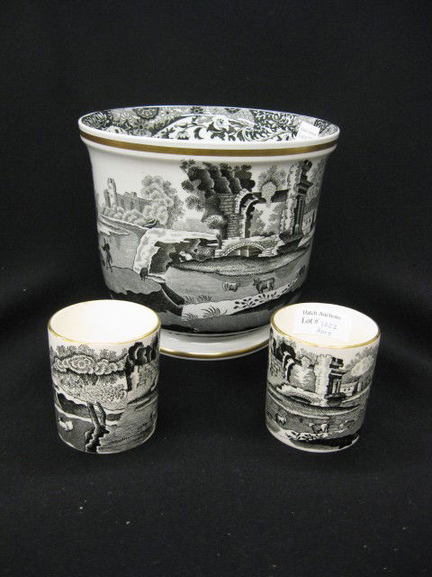 Copeland Spode "Italian" Porcelain Cache Pot, 6 1: 6 1/2" tall together with two vases, 2 3/4" tall, black transferware, excellent.