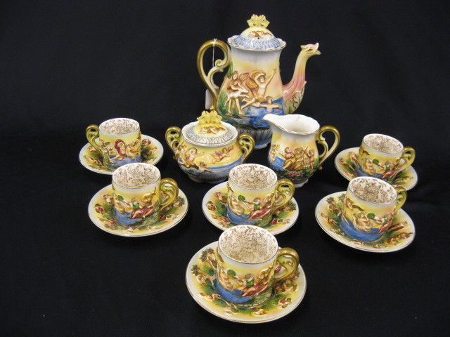15 pc. Occupied Japan Porcelain Tea Service, Capo: Capo-di-Monte style with maidens, nudes & more, includes teapot, sugar, creamer, 6 cups & saucers, excellent.
