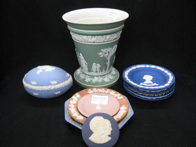 10 pcs. Wedgwood Jasperware, various colors, incl: various colors, includes egg shape box, medallion, dishes & larger green vase (hairline).