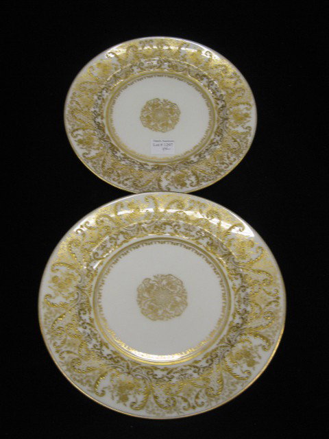 Pair of Royal Doulton China Plates, elaborate rai: elaborate raised goldwork, circa 1910, 9", excellent.