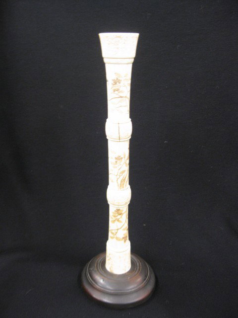Oriental Carved Bone Candlestick, berry decor, 11: berry decor, 11 1/2" plus wooden base.