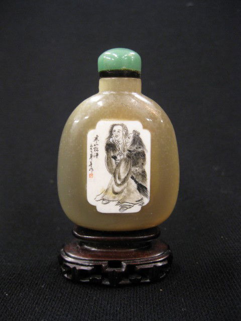 Chinese Snuff Bottle, horn with ivory inlaid land: horn with ivory inlaid landscape, ebony inlaid saying, 2 1/2" plus carved wooden base, excellent.