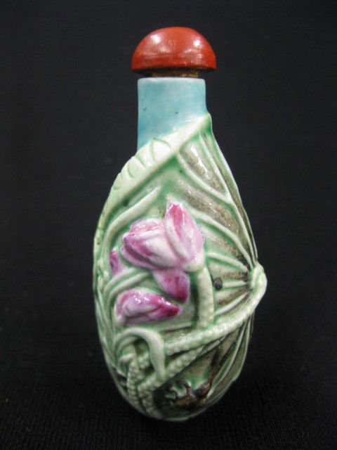 Chinese Porcelain Snuff Bottle, waterlily & beetl: waterlily & beetle raised design, 3", excellent.