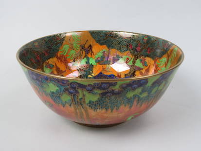 Wedgwood Flame Fairyland Lustre Imperial Bowl,: designed by Daisy Makeig-Jones, circa 1925, elves in forest , orange background, 9" diameter, 4" deep, excellent.....MISS DAISY'S LEGACY: FAIRYLAND LUSTRE BY WEDGWOOD | Lyndon Lasiter.There are