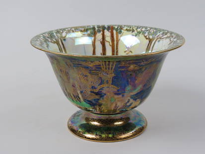 Wedgwood Fairyland Lustre Footed Bowl,: designed by Daisy Makeig-Jones, circa 1925, fairies in the forest, flared rim and low pedestal shape, 9" diameter, 5 1/2" tall, excellent.........MISS DAISY'S LEGACY: FAIRYLAND LUSTRE BY