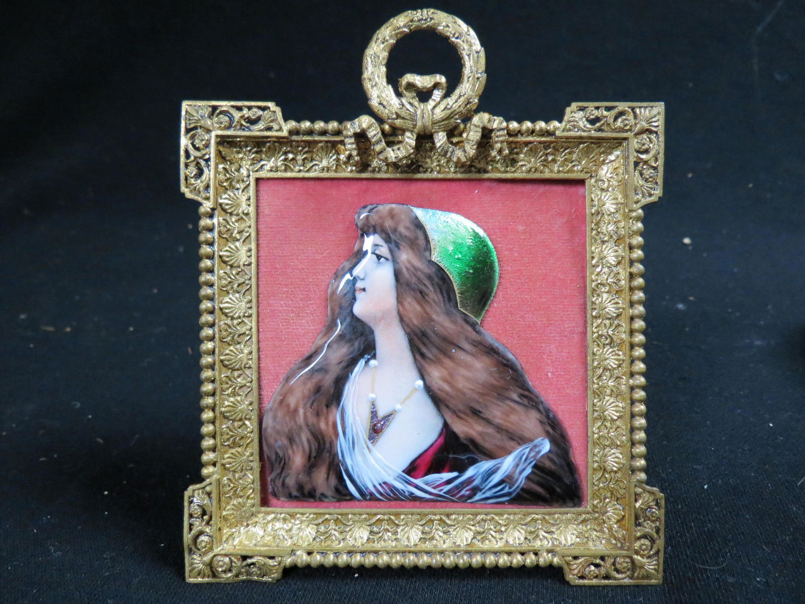 French Limoges Enamel Plaque of Art Nouveau Lady, (1 of 3)