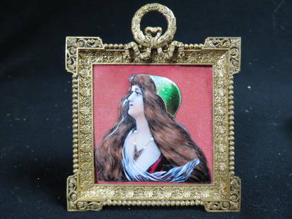 French Limoges Enamel Plaque of Art Nouveau Lady,: profile shape on velvet in gilt frame, overall 4 1/2" X 4 1/2", circa 1880.