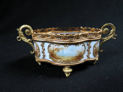 French Miniature Porcelain & Bronze Planter,: hand painted panels with landscapes, dore bronze, footed, handled and openwork rim, signed, 2 1/2" X 5 1/2", 19th century, excellent.