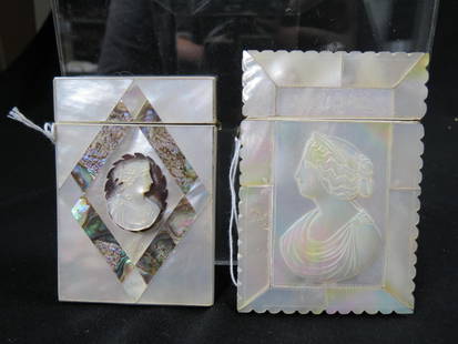 2 Victorian Calling Card Cases with Cameos,: carved mother-of-pearl and abalone, portraits of females, largest is 2 3/4" X 4", both circa 1880, excellent....Calling cards were an indispensable accessory to fashionable, upper class life in