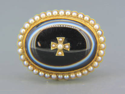 Birks 15K Gold, Agate & Pearl Brooch,: oval cabochon banded agate surrounded by half seed pearls in 14K yellow gold, circa 1890, 1 1/4" X 1 1/2", signed, 16 grams.
