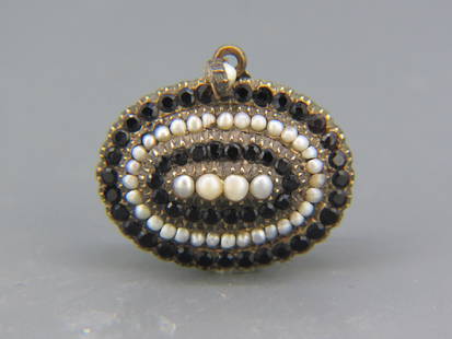 19th Century Garnet, Jet & Pearl Brooch,: Pinchbeck style gold-filled, faceted stones and half seed pearls, mourning style, oval 7/8" X 1 1/8" plus hanging pearl.