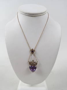 Antique Amethyst & Seed Pearl Lavaliere Necklace,: large heart shape gem weighing over 10 carats with crown and seed pearls above, circa 1890, testing 14K yellow gold, 16" long plus dangling heart, 6.9 grams.