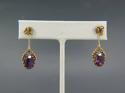 Antique Amethyst & 14K Gold Earrings,: oval dangling gems, pierced style, 1 1/4" long, 2.4 grams.