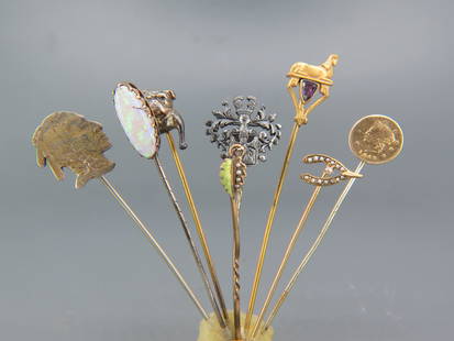 8 Antique Stickpins; gold, silver & other,: includes opal, 1913 with Indian Head, 1849 gold token, 10K diamond and seed pearl, 14K enamel and seed pearl leaf, Art Deco Egyptian motif, crest and building.
