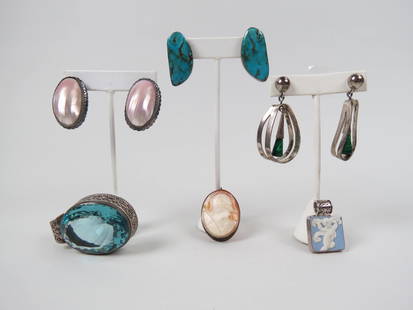 Estate Lot of Sterling Jewelry,: includes cameo, earrings, blue quartz pendant, Wedgwood jasperware pendant and more.