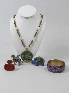 Estate Lot of Chinese Jewelry,: includes cinnabar brooch, cloisonne necklace, bangle, pendants.
