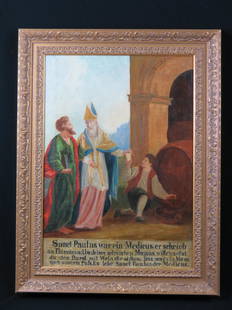 Early Oil Painting of Saint Paul,: being offered a drink from a young man at a wine barrel, story below, on canvas, image area 25" X 18" plus frame, oil is 19th century in a later frame.