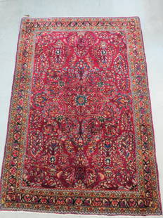 Sarouk Persian Handmade Rug,: elaborate overall floral designs on burgundy field, 3'4" X 4'10".