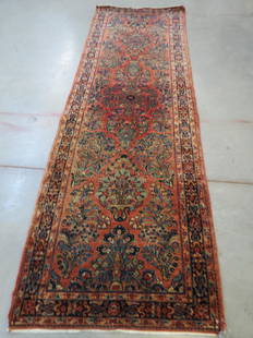 Antique Sarouk Persian Handmade Runner: elaborate overall floral on deep salmon field, 2'6" X 7'8".