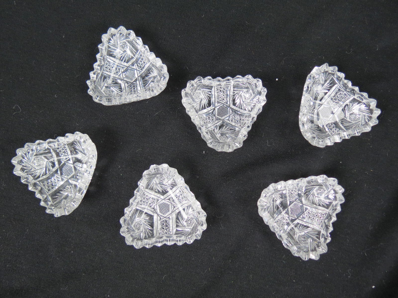 6 Cut Glass Salt Cellars,: pinwheel and banded cane designs, 2 3/4", few have tiny flakes.