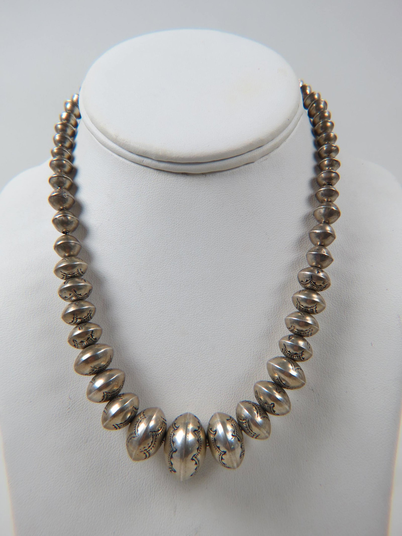 Navajo "Pearls" Sterling Bead Necklace,: graduated, 17" long.