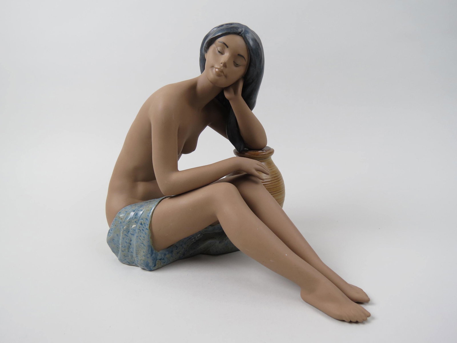 Lladro Figurine "My Memories",: #2392, young semi-nude female seated by urn, Gres finish, 10" tall, 1998, issued at $345.00, excellent.