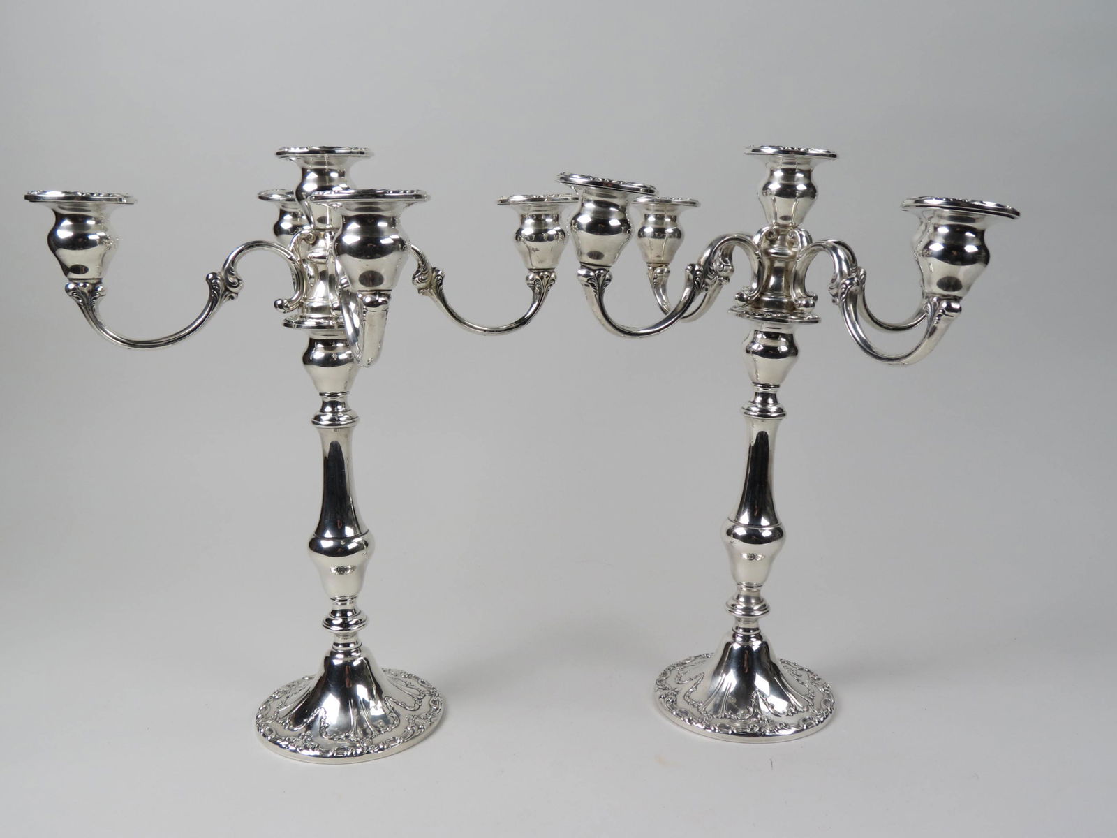 Pair of Gorham Sterling Strausbourg Candelabra,: five light, convert to single candlesticks, 13" tall, 12" across, weighted, 1936 grams in total, excellent.