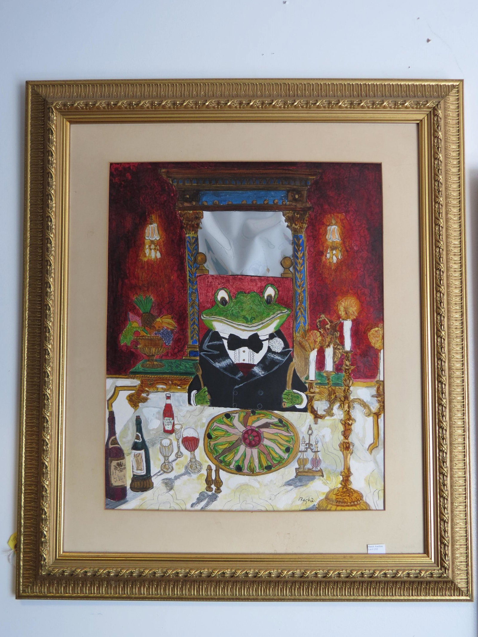 Beche, watercolor, A Well Dressed Frog at Dinner ,: image area 19" X 24" plus mat and frame.