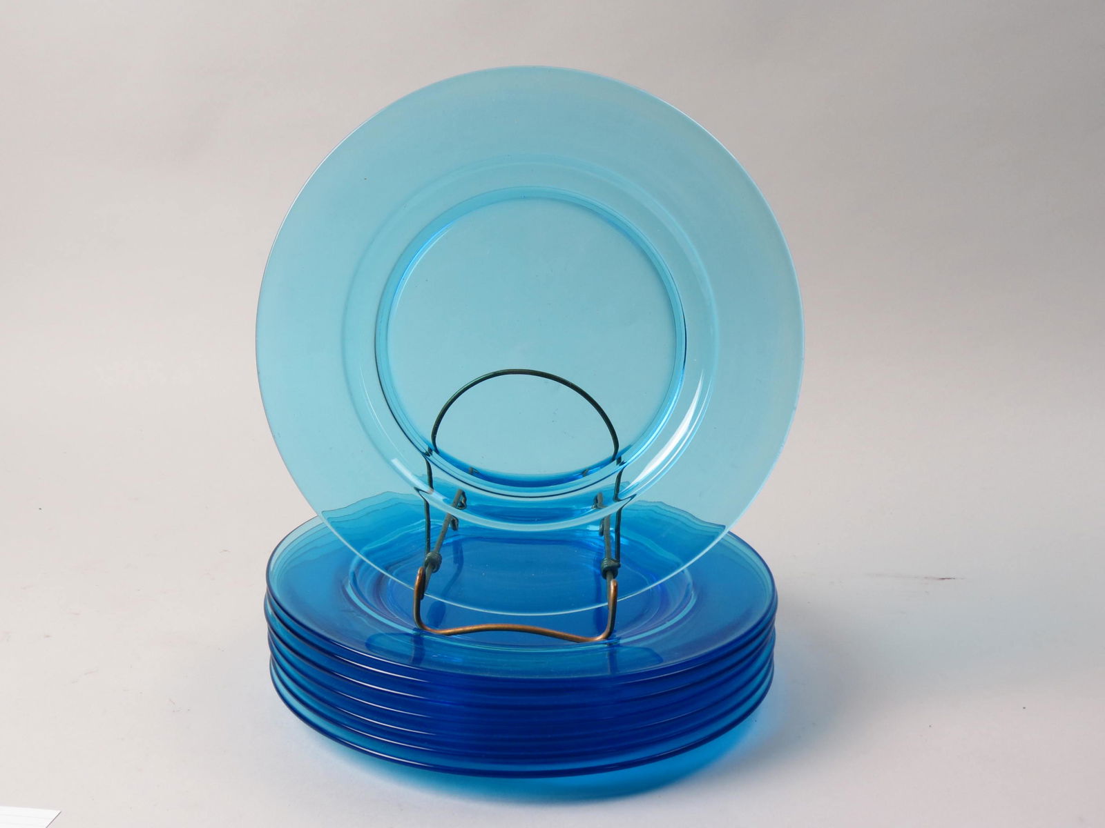 8 Blue Art Glass Plates, (1 of 2)