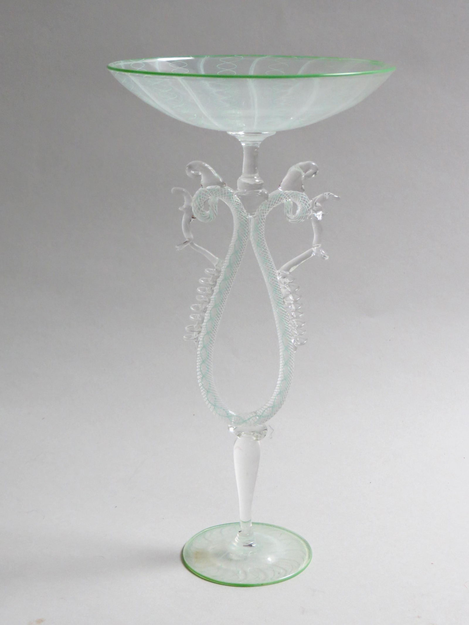 Ribbon & Latticino Art Glass Tall Compote, (1 of 7)