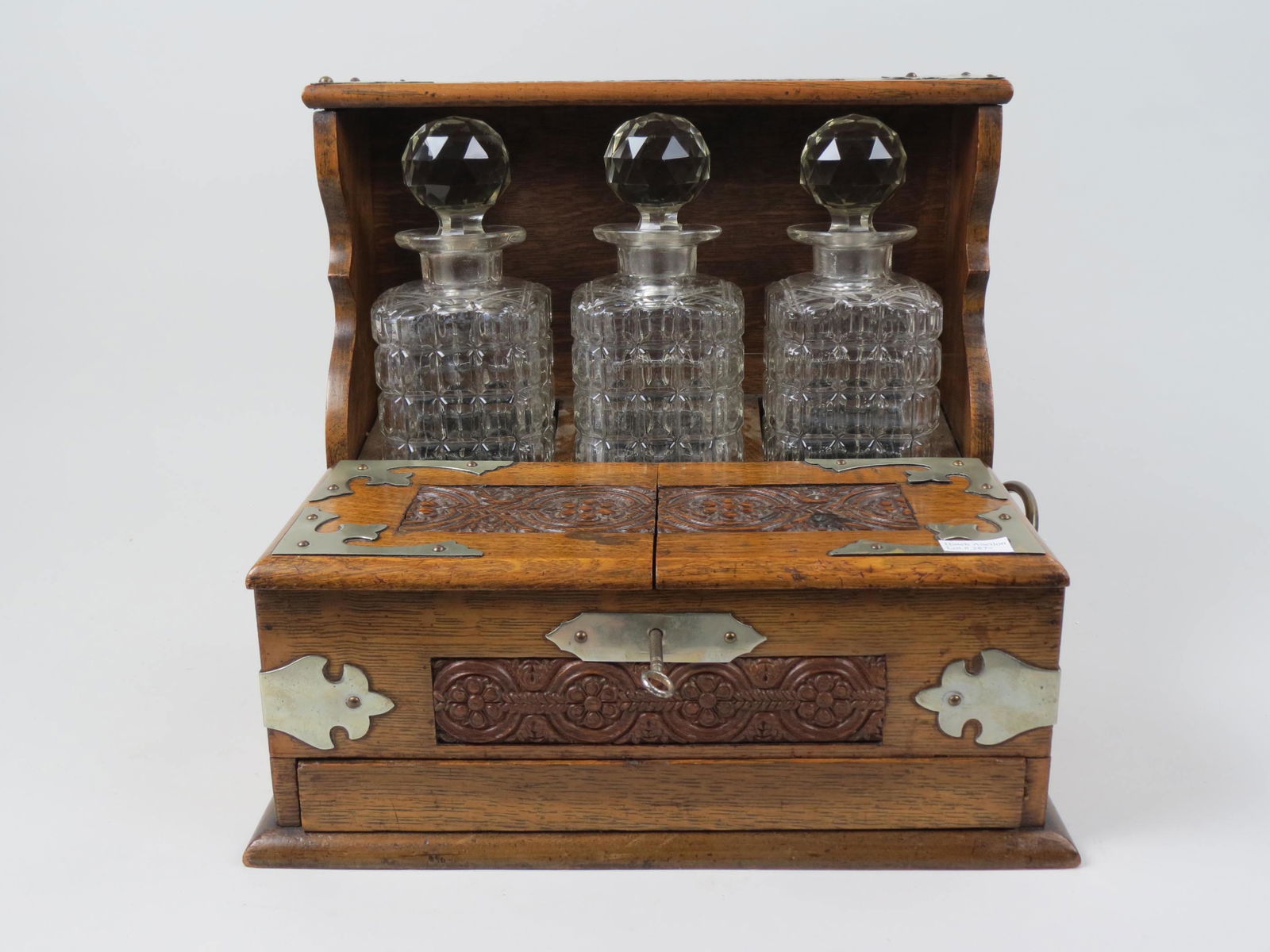 English Vicrorian Oak Tantilus with 3 Decanters, (1 of 3)