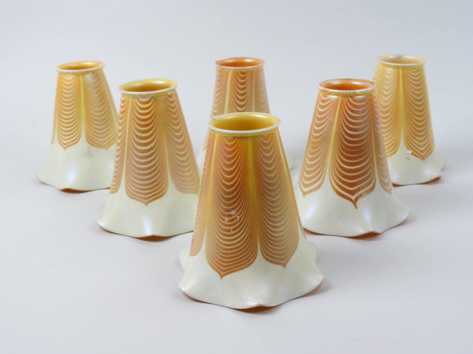 6 Steuben Art Glass Shades, golden pulled feather (1 of 5)