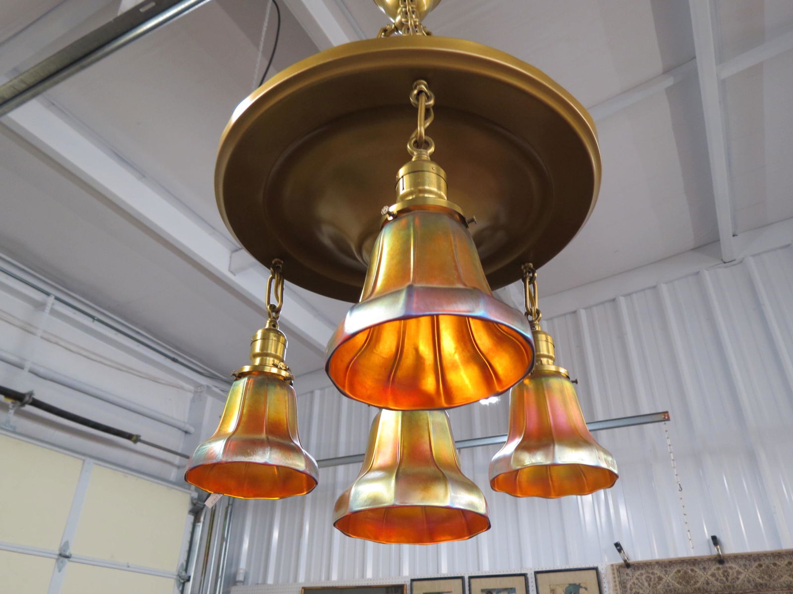 Steuben Art Glass Hanging Light,: 4 golden iridescent shades, ribbed design, floraform, each 4 1/2" long with a 2 1/4" fitter, excellent.