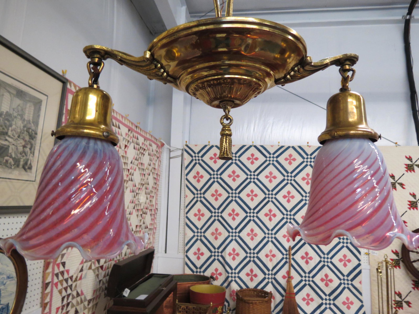 Cranberry opalescent Art Glass Hanging Lamp,: pair of swirl design shades in brass fixture, excellent.
