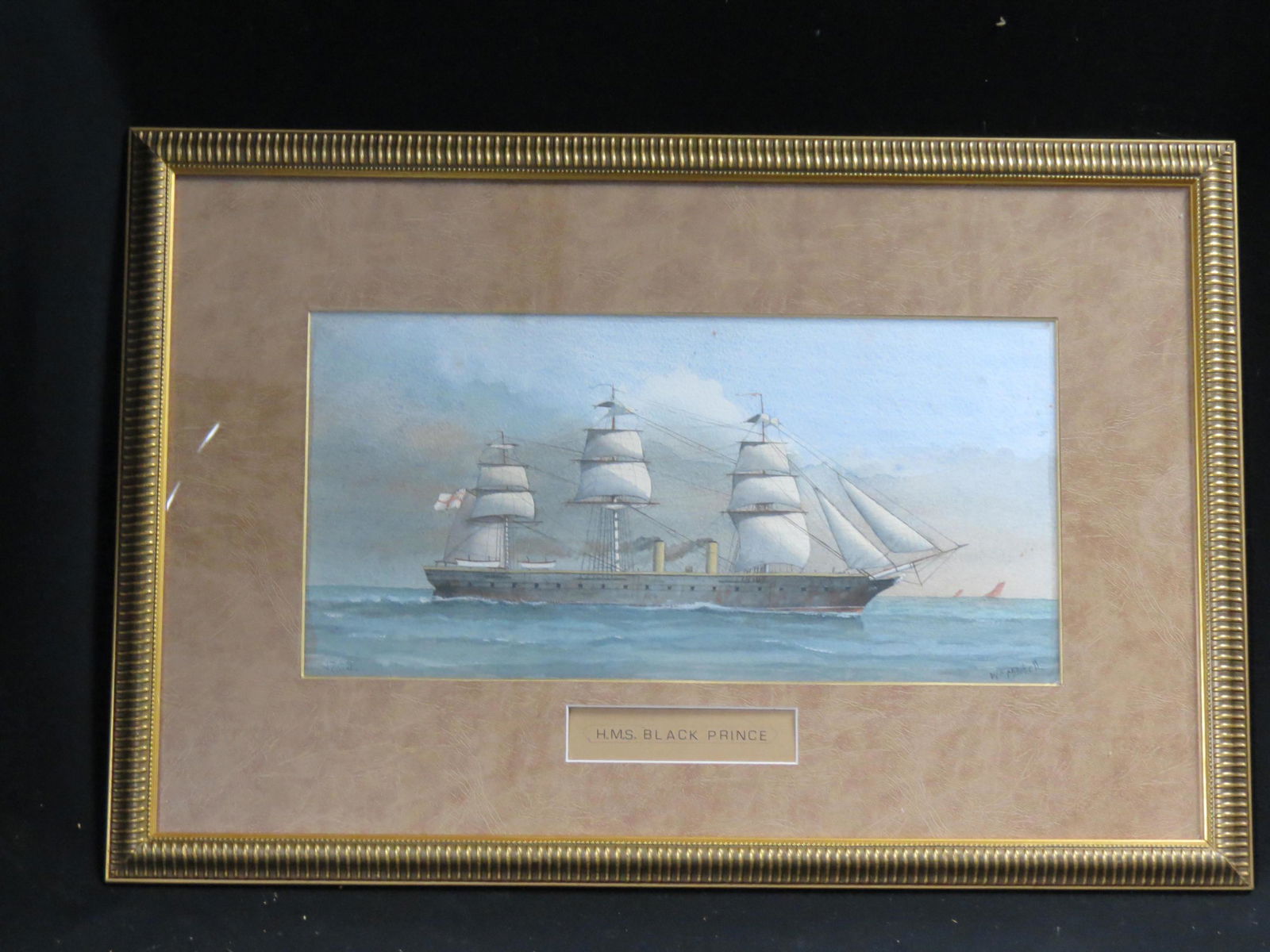 William F. Mitchell, watercolor, "Black Prince",: H.M.S., steamer with sails, image area 8" X 18" plus mat and frame, well listed artist, 1845-1914.......William Frederick Mitchell (Calshot, 1845–1914, Ryde, Isle of Wight) was a British artist