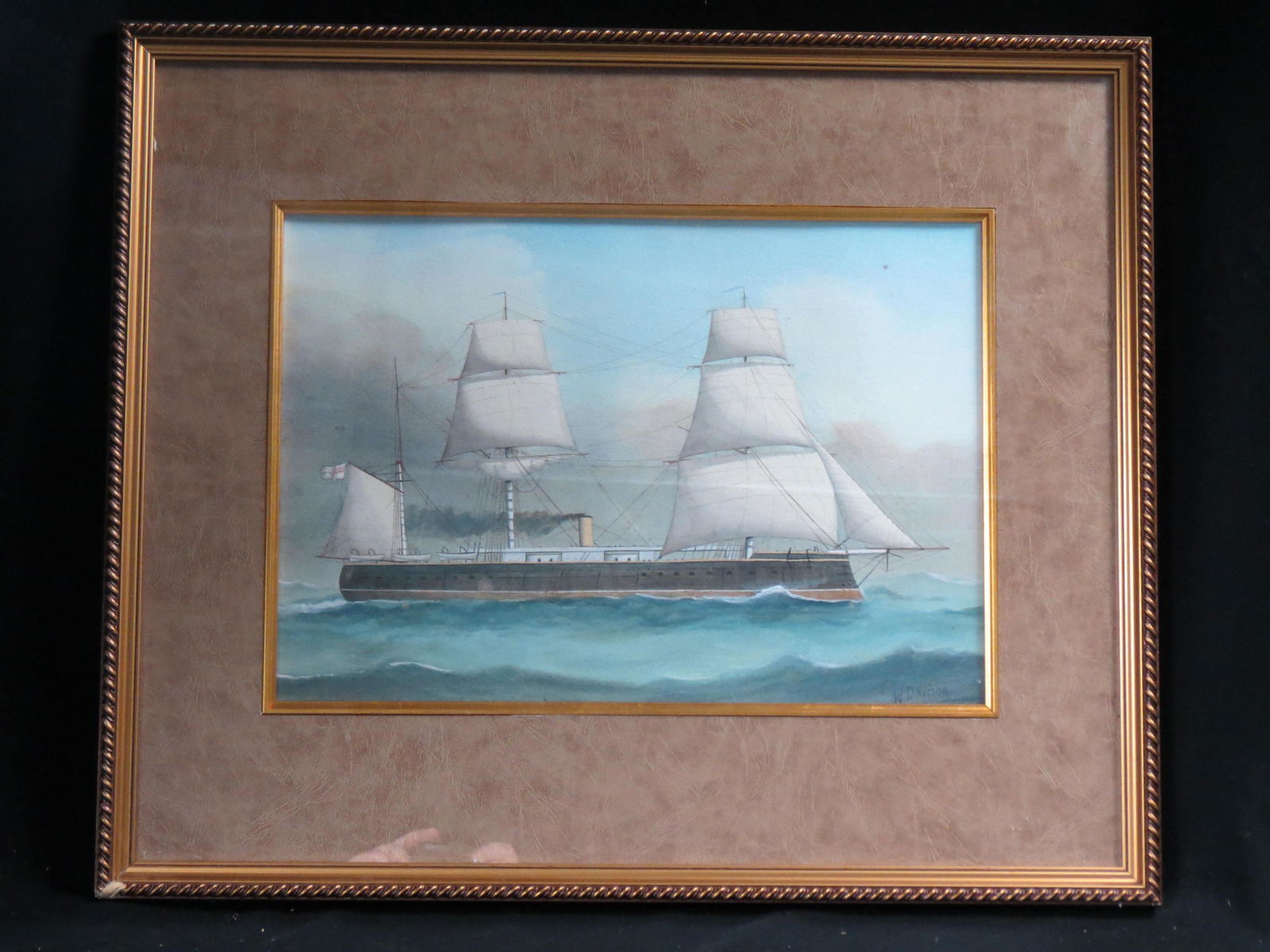 William Davison, watercolor, Steamer with Sails,: image area 12" X 16" plus mat and frame, well listed artist...William Davison (19th century) was active/lived in United Kingdom. .