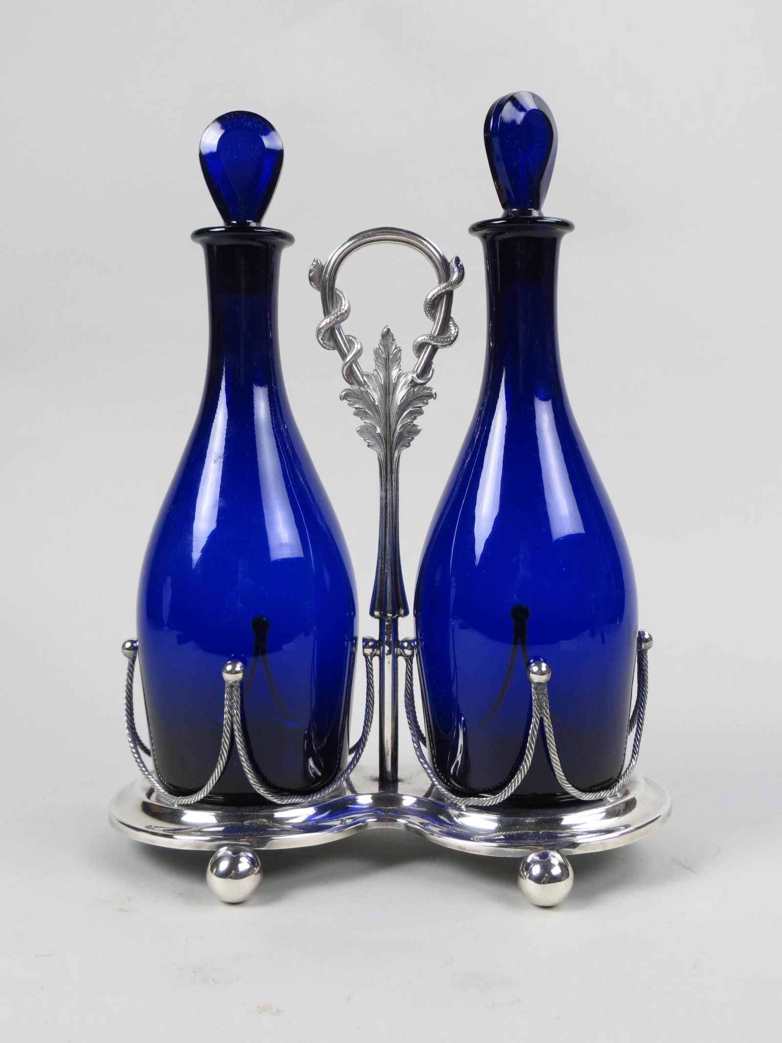 Silverplate Tantalus with 2 Cobalt Decanters, (1 of 6)