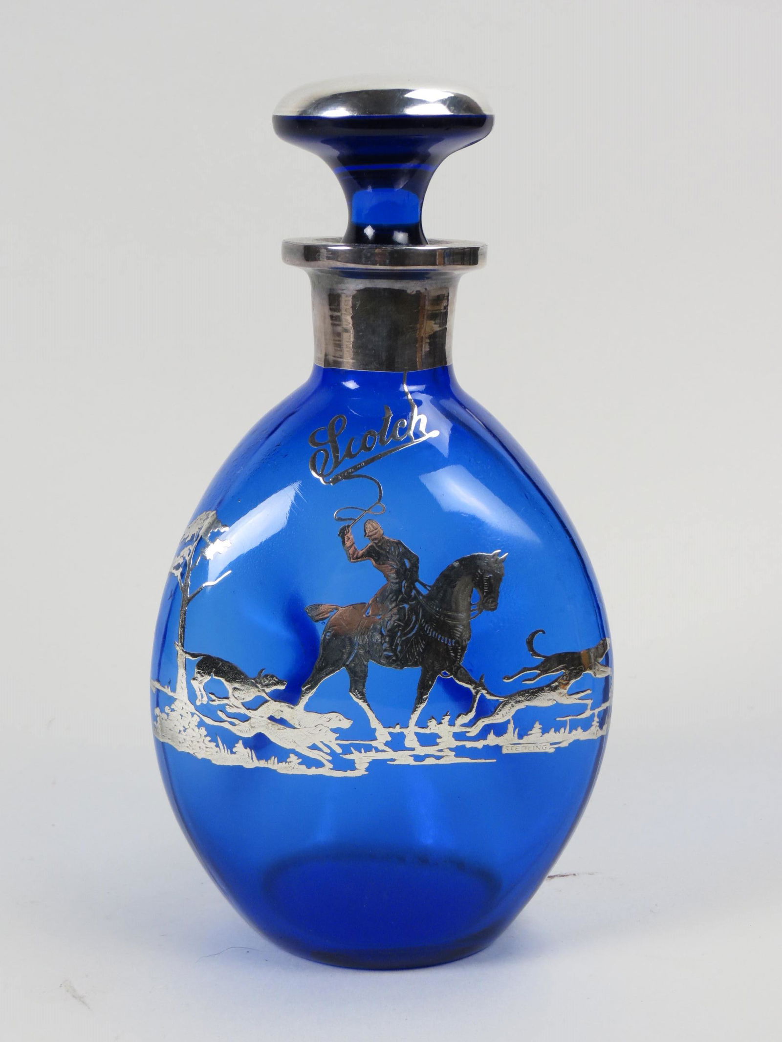 Silver Overlay Cobalt Glass Fox Hunt Decanter, (1 of 4)