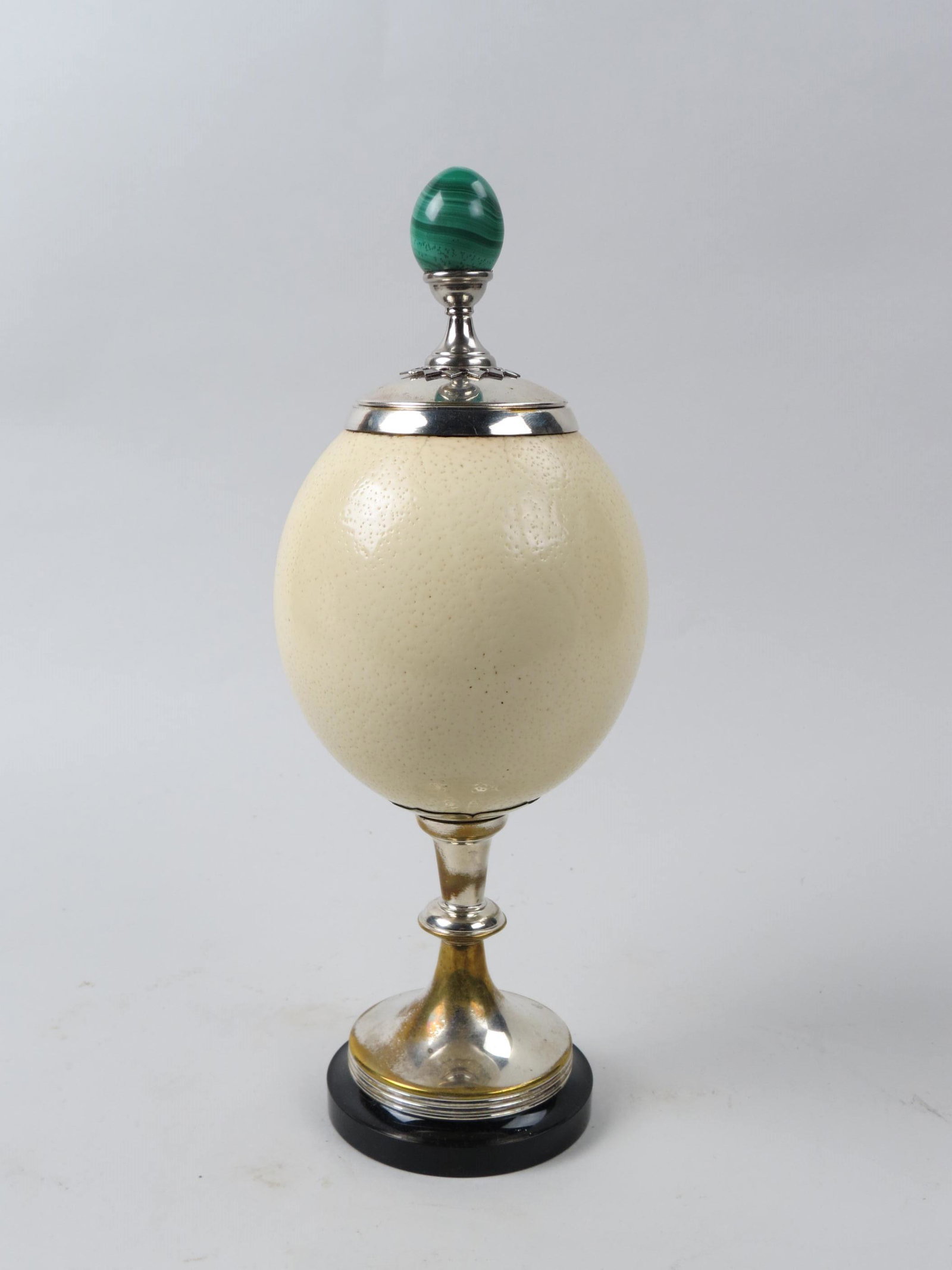 J. Anthony Redmile Designer Ostrich Egg, Silverplate & Malachite Box, (1 of 3)