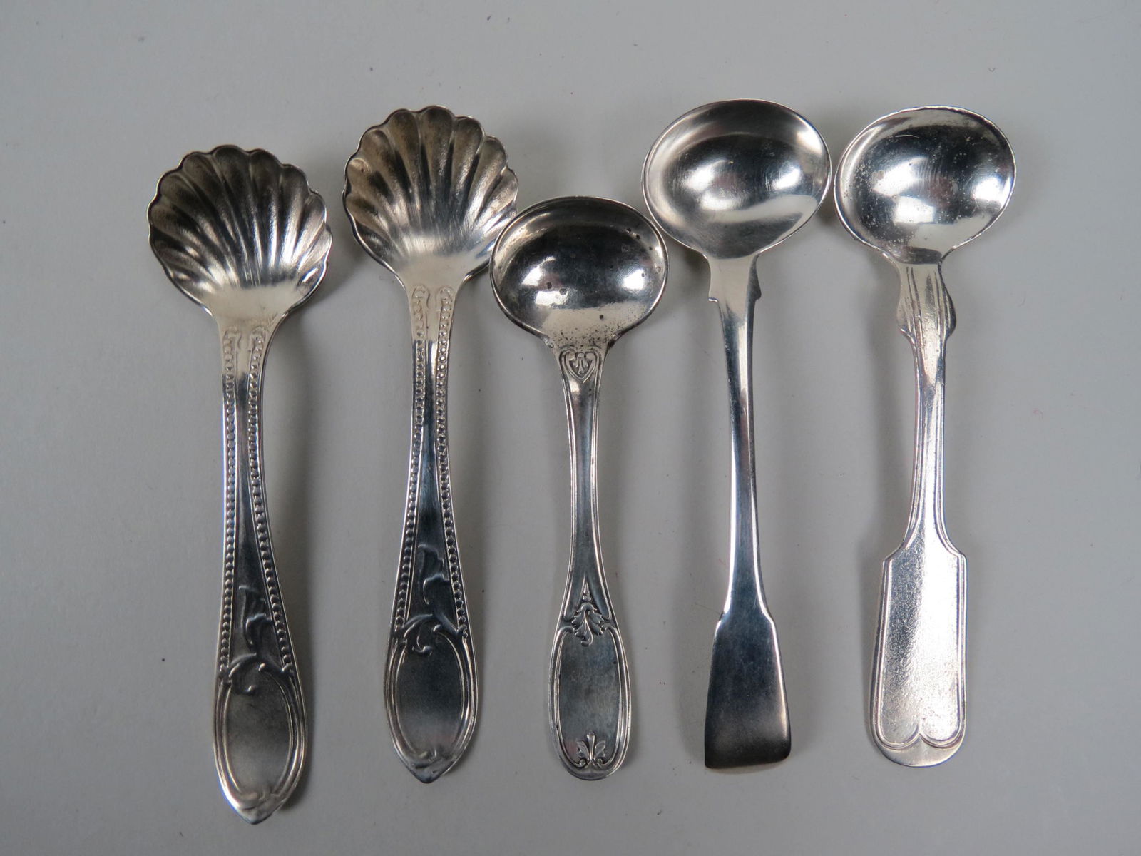 5 Silver Master Salt Spoons; 4 American Coin (1 of 2)