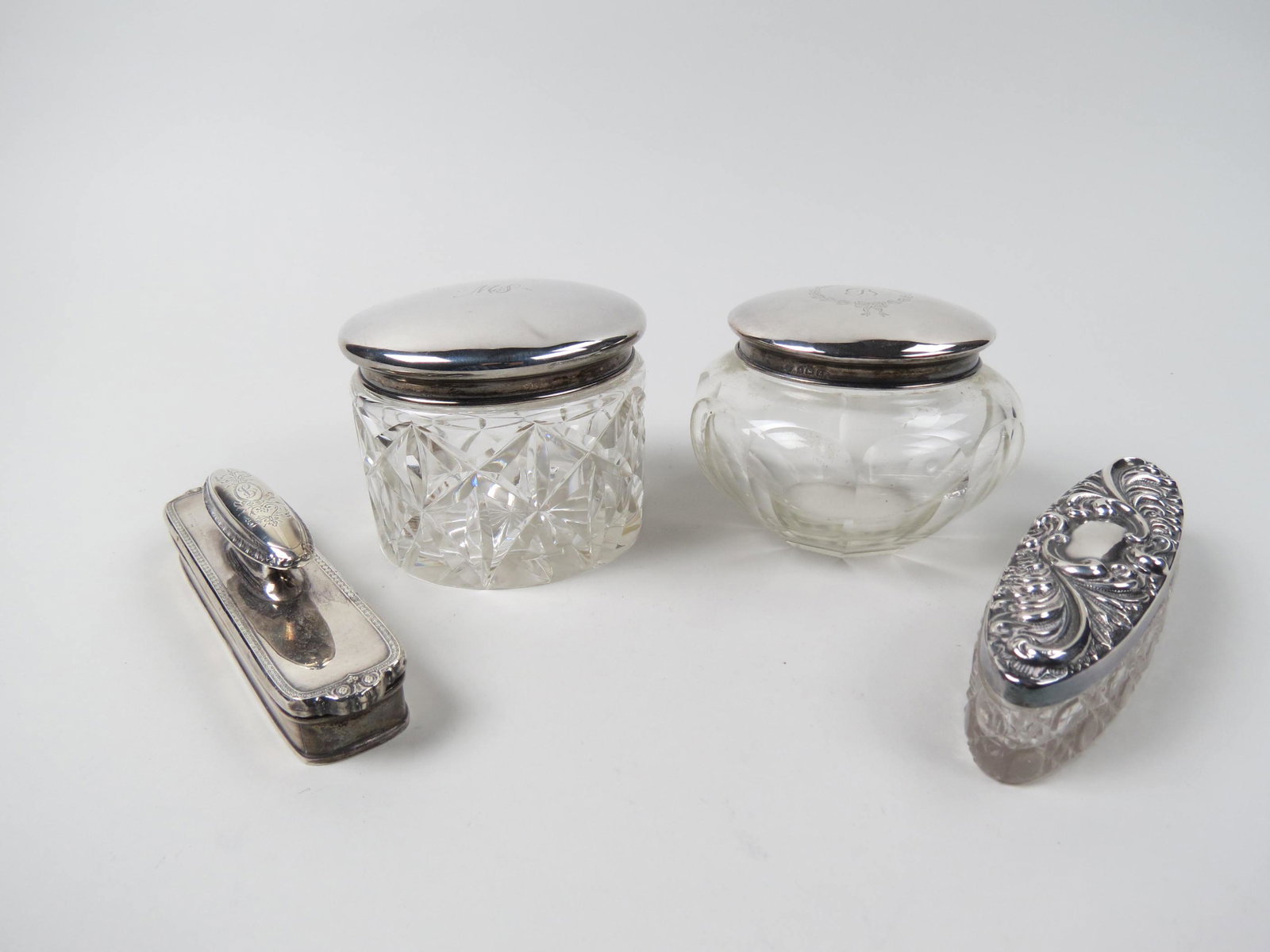4 Sterling Silver Dresser Items; pair of jars, (1 of 6)