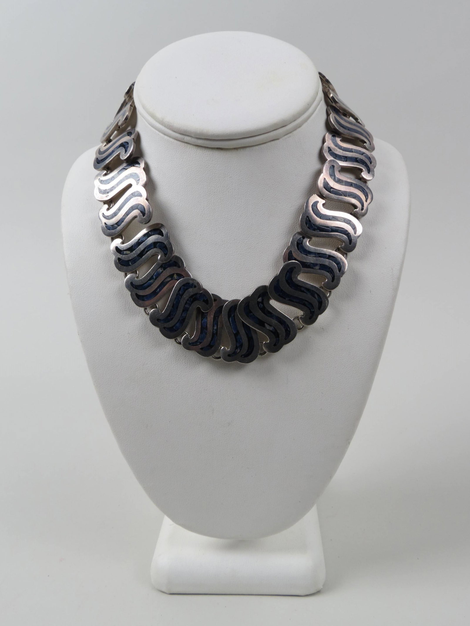 Vintage Mexican Sterling Necklace,: inlaid blue stone pieces and enamel, 1" double "S" style links, 17" long, 146 grams.