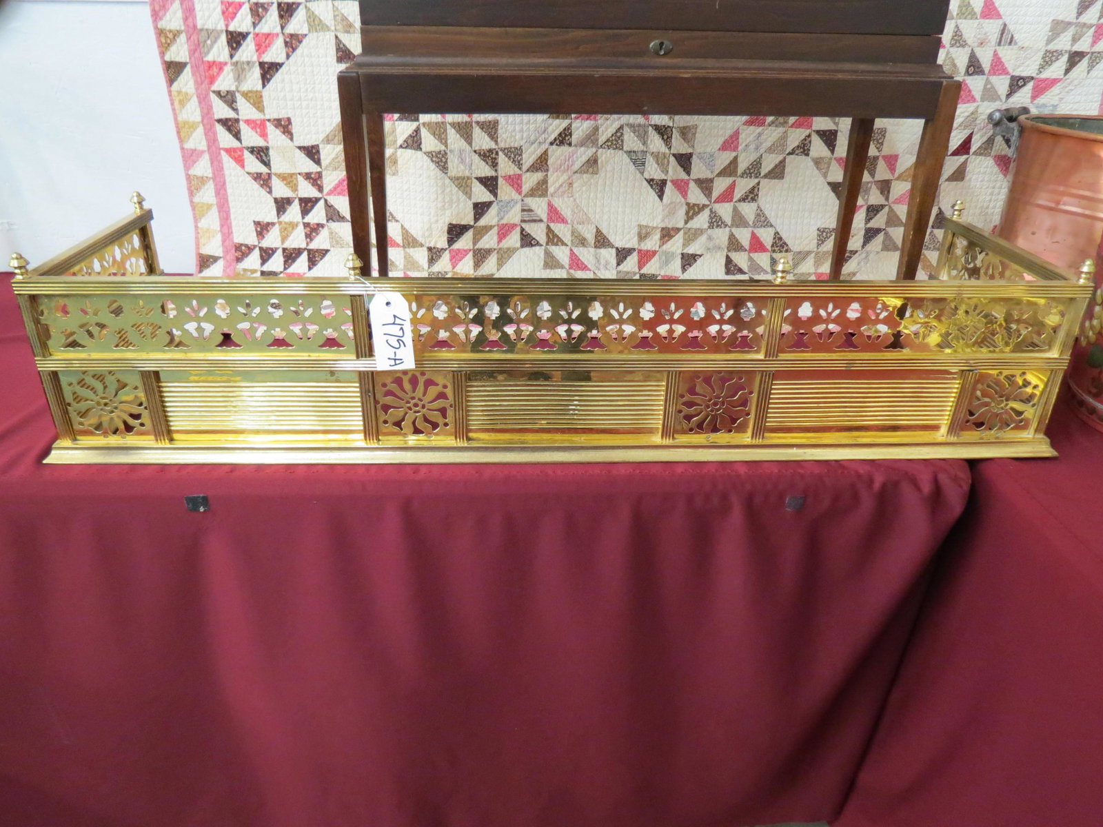 Brass Fireplace Fender,: 47" wide, 14" deep, 9 1/2" tall, fancy openwork and ribbed panel decor.