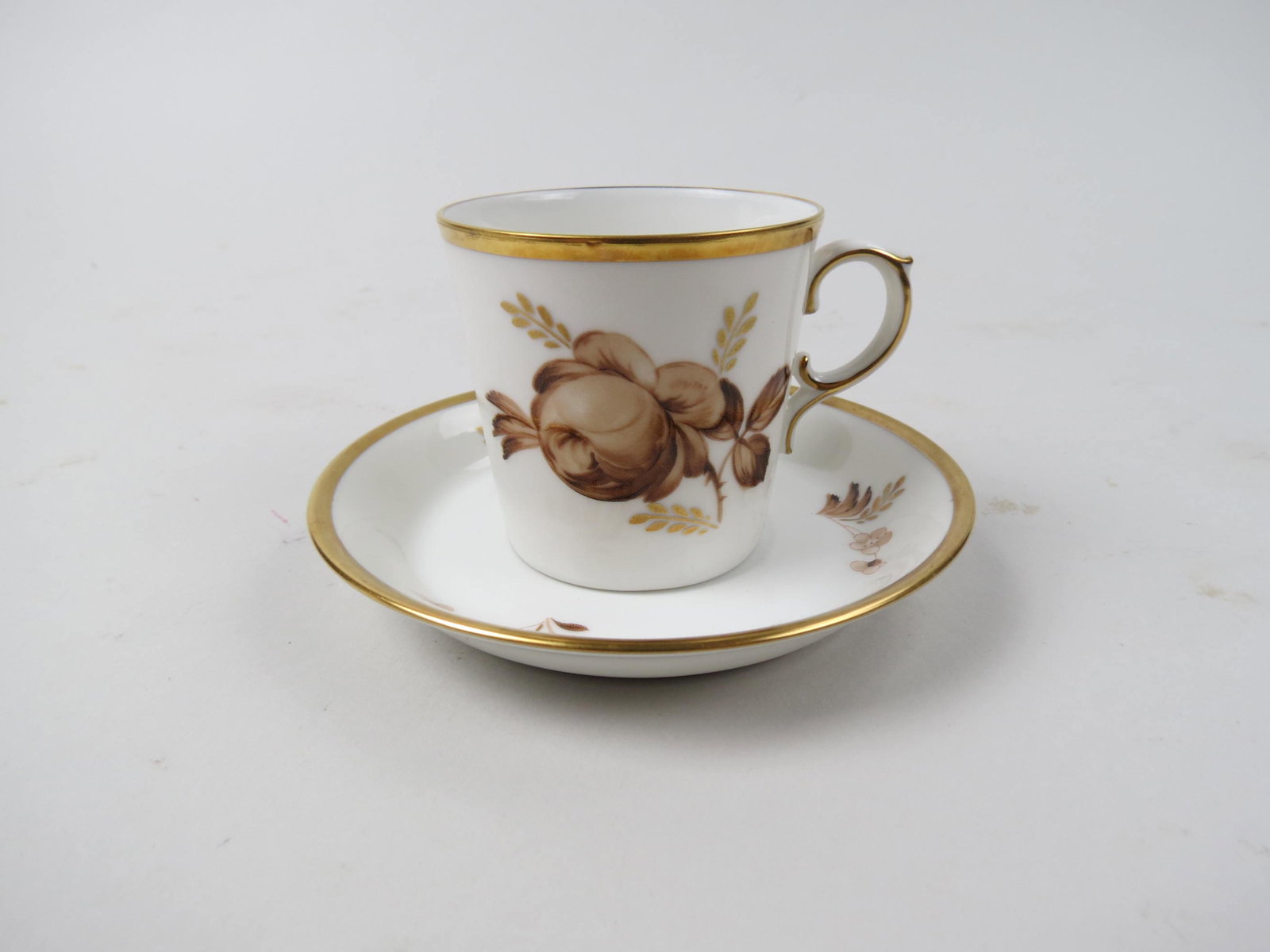 12 Royal Copenhagen Demitasse Cups and Saucers,: brown floral, gold trim, #688/9093, excellent.